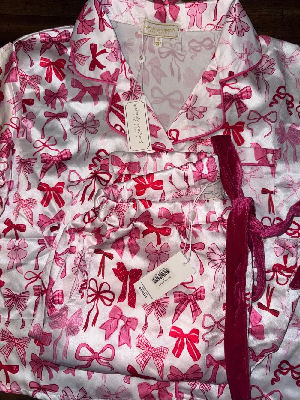 Simply Southern White Pajama Set with Pink and Red Bows Women’s Size Small